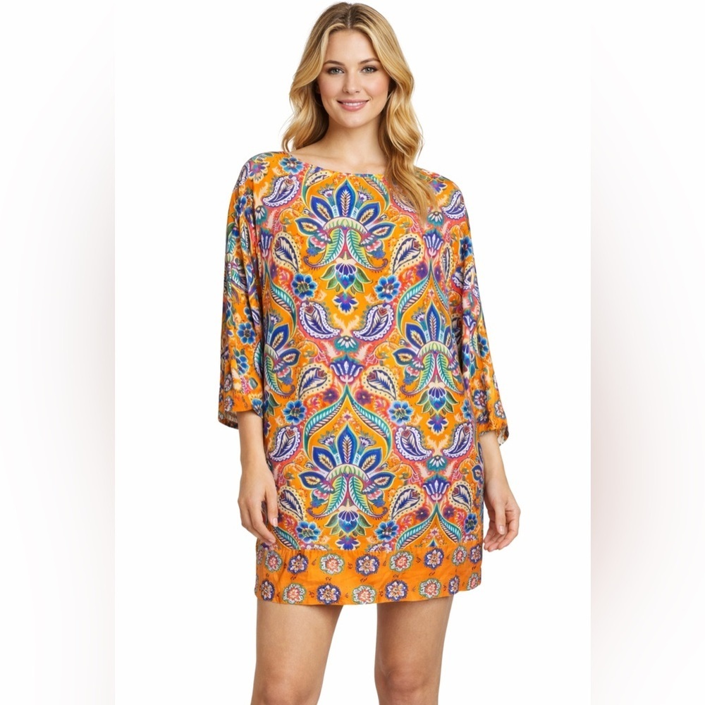 Zara Silk Shift Dress M Medium Paisley 3/4 Long Sleeve Pockets